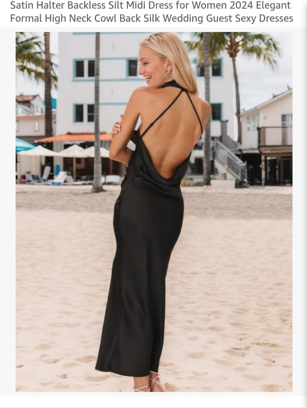 Black Satin Halter Backless Midi Dress